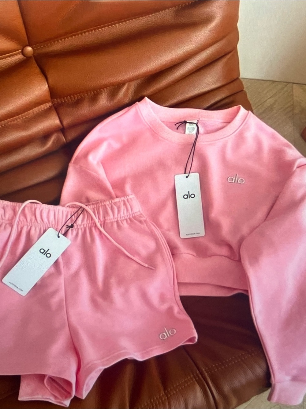 ALO Yoga Pink Cropped Sweatshirt and Drawstring Shorts Set
